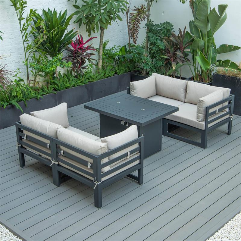 LeisureMod Chelsea 5-Pc Loveseat and Fire Pit Table Set with Beige Cushions
