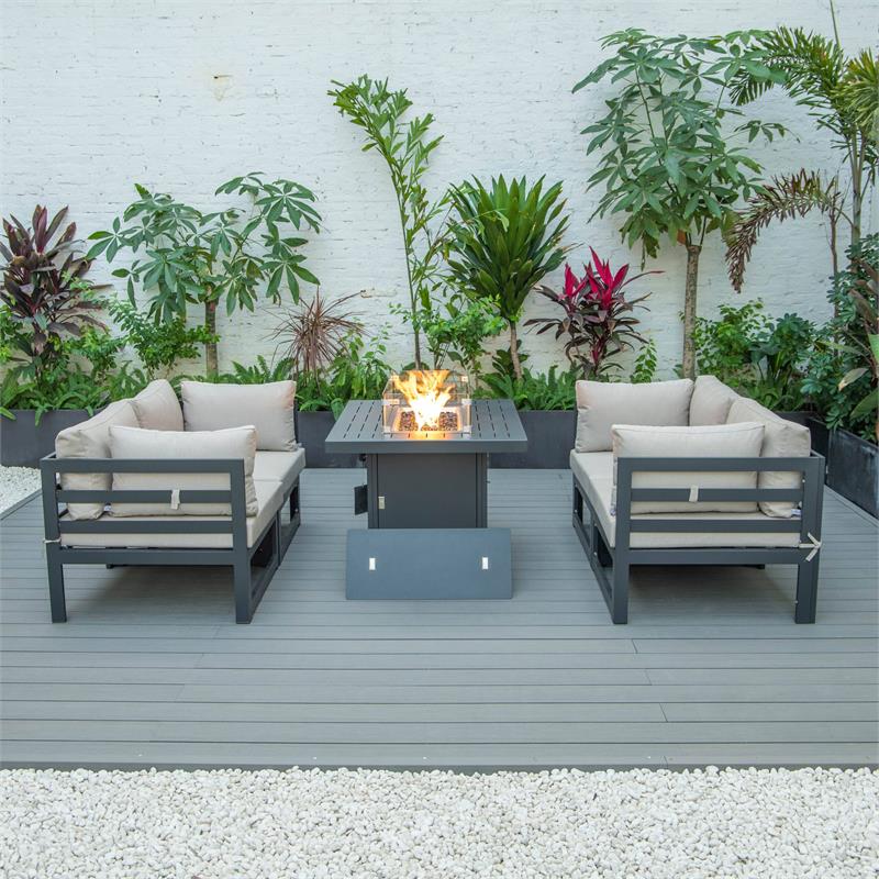 LeisureMod Chelsea 5-Pc Loveseat and Fire Pit Table Set with Beige Cushions