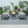 LeisureMod Chelsea 5-Pc Loveseat and Fire Pit Table Set with Beige Cushions
