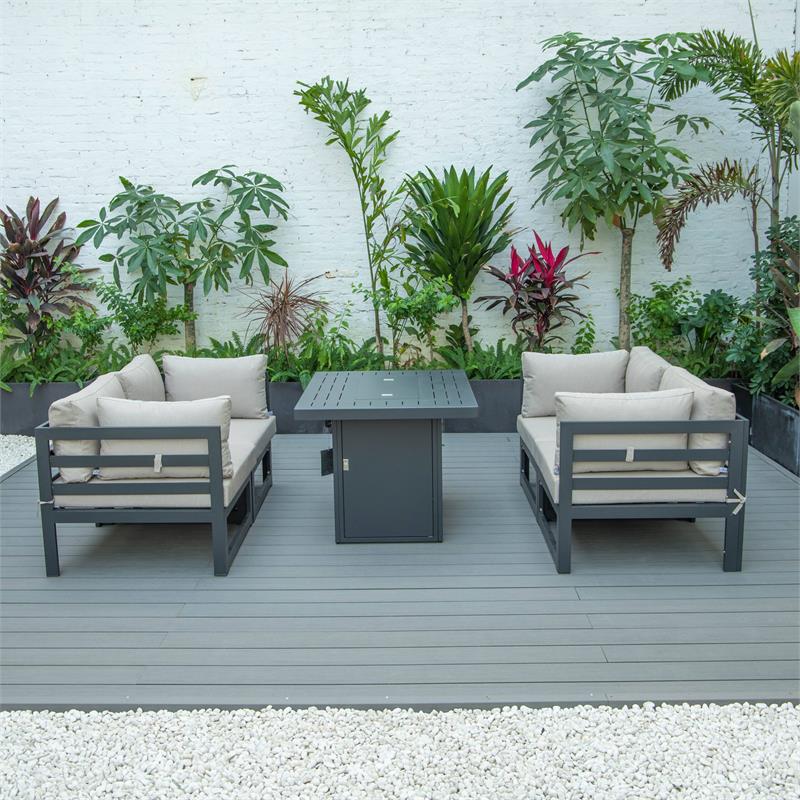 LeisureMod Chelsea 5-Pc Loveseat and Fire Pit Table Set with Beige Cushions