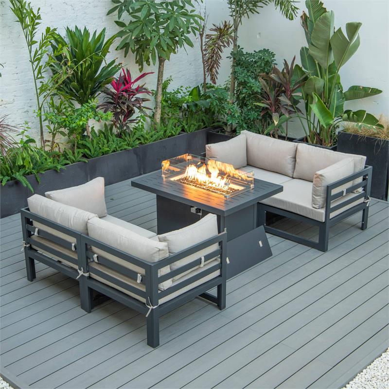 LeisureMod Chelsea 5-Pc Loveseat and Fire Pit Table Set with Beige Cushions
