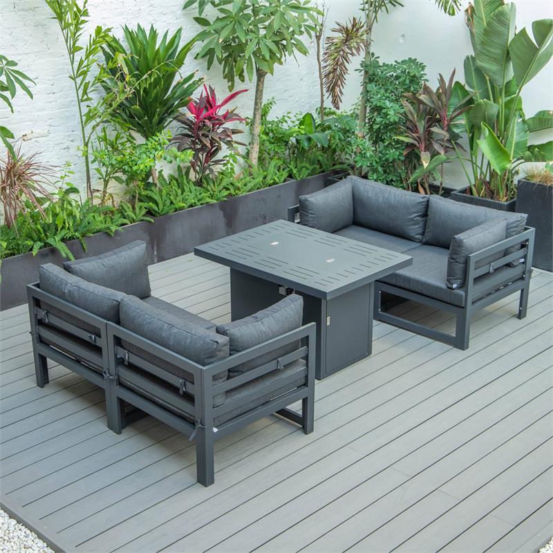 LeisureMod Chelsea 5-Pc Loveseat and Fire Pit Table Set with Black Cushions