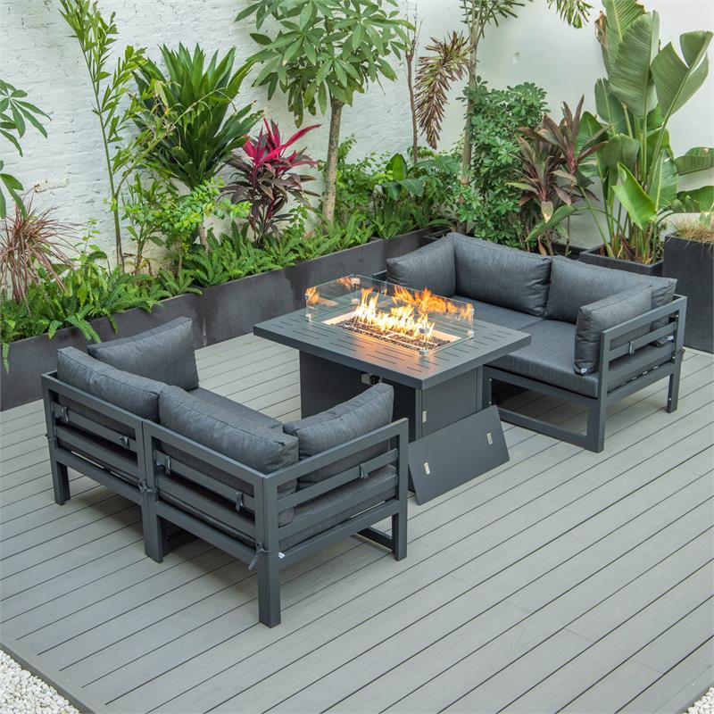 LeisureMod Chelsea 5-Pc Loveseat and Fire Pit Table Set with Black Cushions