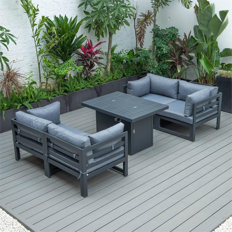 LeisureMod Chelsea 5-Pc Loveseat and Fire Pit Table Set with Blue Cushions