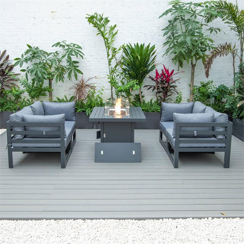 LeisureMod Chelsea 5-Pc Loveseat and Fire Pit Table Set with Blue Cushions