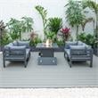 LeisureMod Chelsea 5-Pc Loveseat and Fire Pit Table Set with Blue Cushions