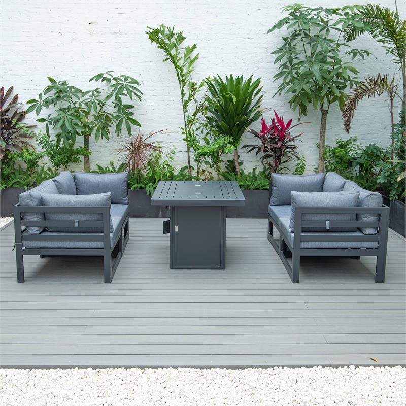 LeisureMod Chelsea 5-Pc Loveseat and Fire Pit Table Set with Blue Cushions