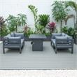 LeisureMod Chelsea 5-Pc Loveseat and Fire Pit Table Set with Blue Cushions