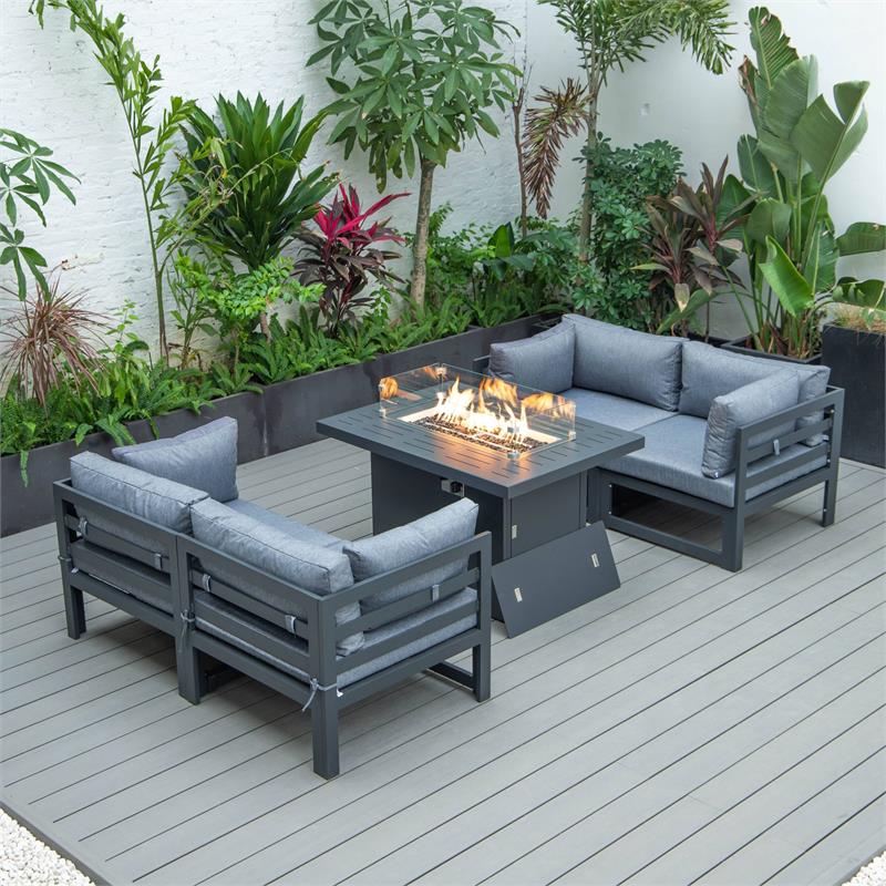 LeisureMod Chelsea 5-Pc Loveseat and Fire Pit Table Set with Blue Cushions