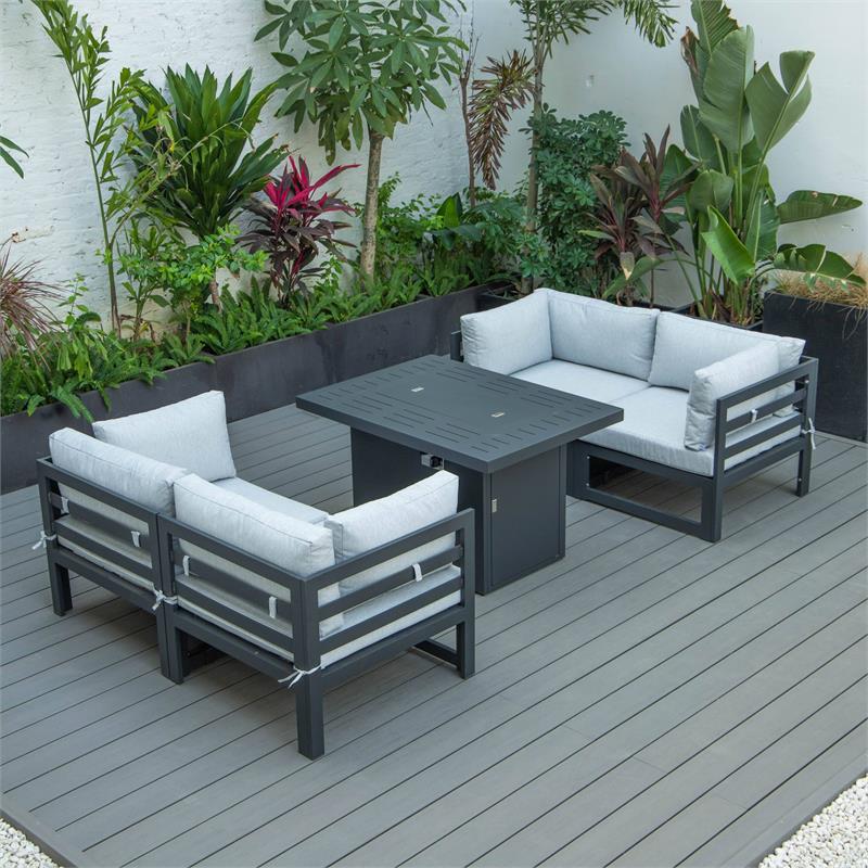 LeisureMod Chelsea 5-Pc Loveseat and Fire Pit Table Set with Light Grey Cushions