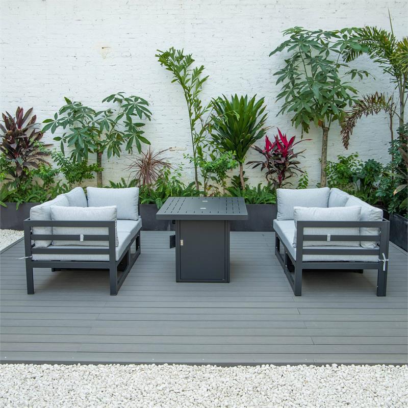 LeisureMod Chelsea 5-Pc Loveseat and Fire Pit Table Set with Light Grey Cushions