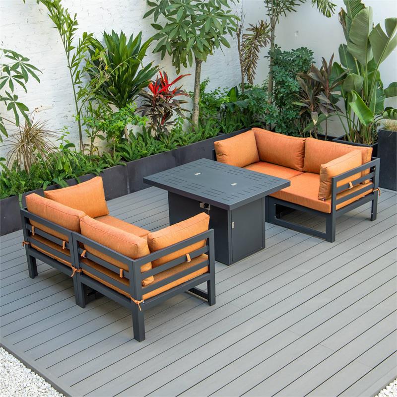 LeisureMod Chelsea 5-Pc Loveseat and Fire Pit Table Set with Orange Cushions