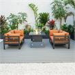 LeisureMod Chelsea 5-Pc Loveseat and Fire Pit Table Set with Orange Cushions