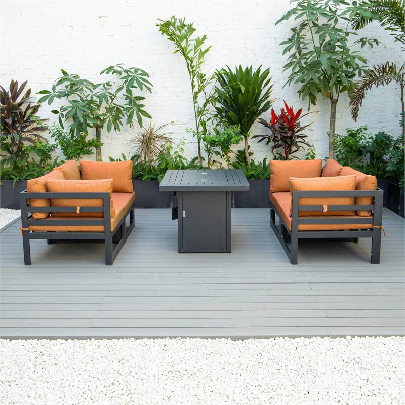 LeisureMod Chelsea 5-Pc Loveseat and Fire Pit Table Set with Orange Cushions