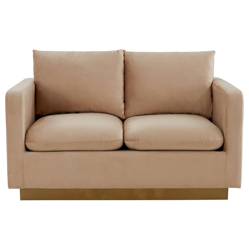 LeisureMod Nervo Modern Velvet Loveseat With Gold Base In Beige
