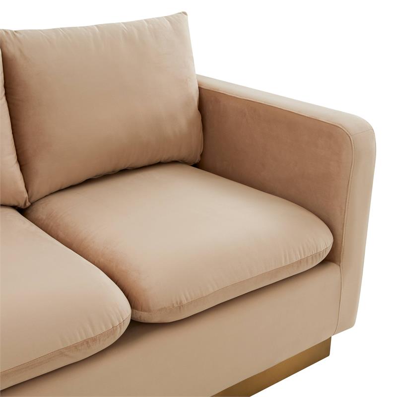 LeisureMod Nervo Modern Velvet Loveseat With Gold Base In Beige