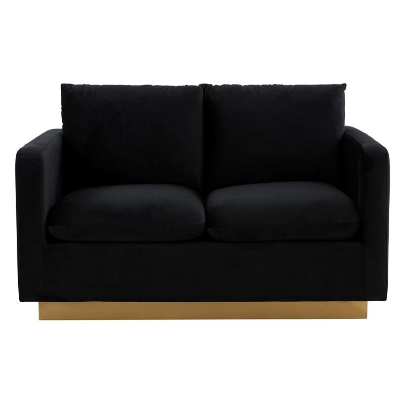 LeisureMod Nervo Modern Velvet Loveseat With Gold Base In Midnight Black