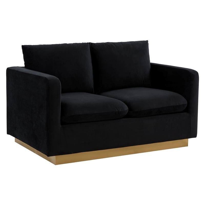 LeisureMod Nervo Modern Velvet Loveseat With Gold Base In Midnight Black