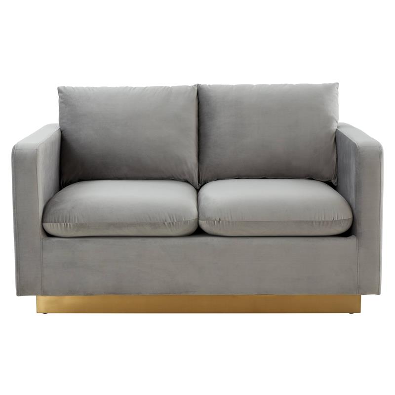 LeisureMod Nervo Modern Velvet Loveseat With Gold Base In Light Gray