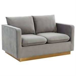 LeisureMod Nervo Modern Velvet Loveseat With Gold Base In Light Gray