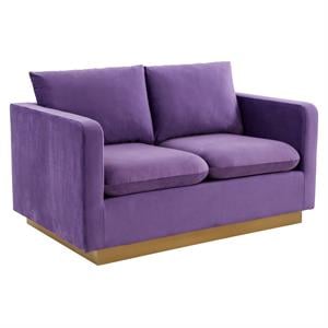 LeisureMod Nervo Modern Velvet Loveseat With Gold Base In Purple