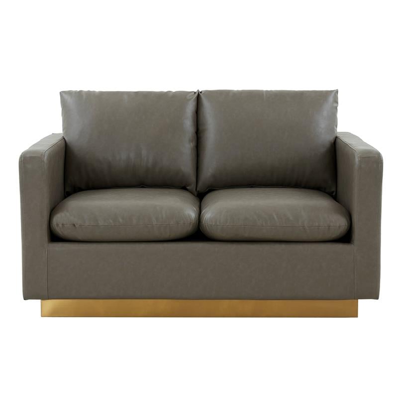 LeisureMod Nervo Modern Leather Loveseat With Gold Base In Gray