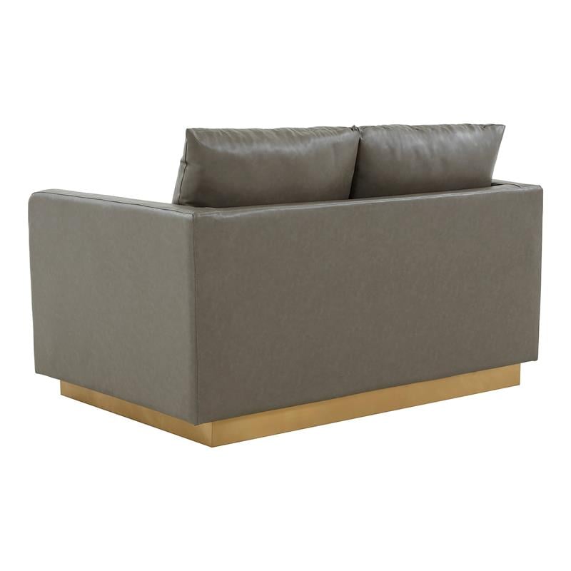 LeisureMod Nervo Modern Leather Loveseat With Gold Base In Gray