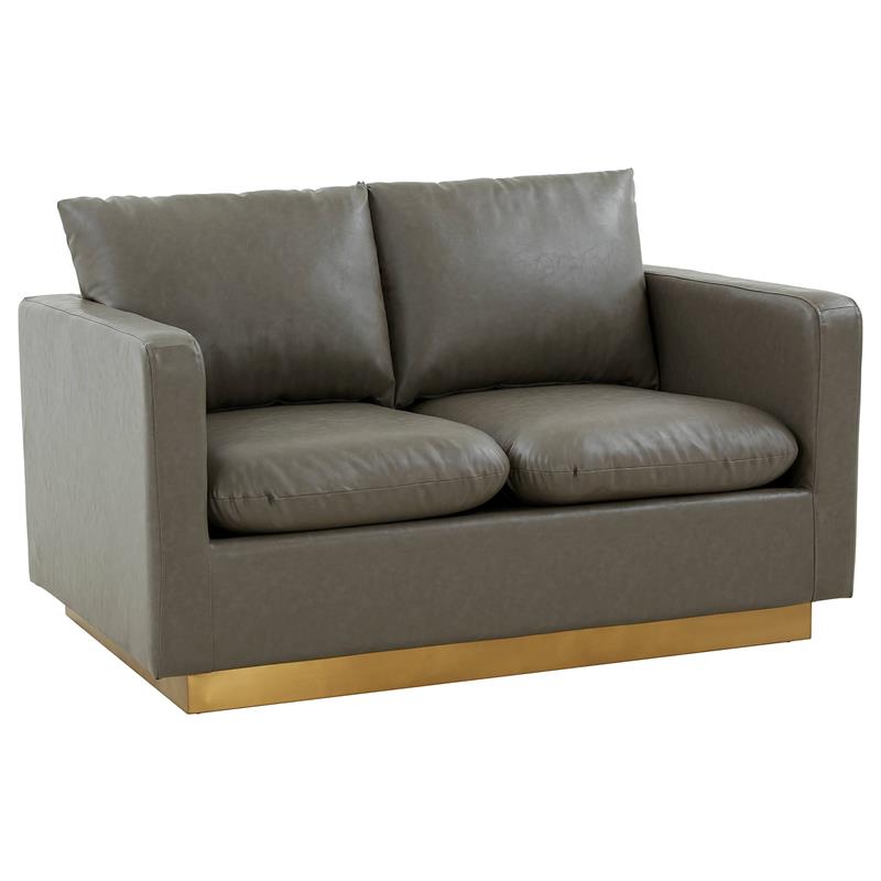 LeisureMod Nervo Modern Leather Loveseat With Gold Base In Gray