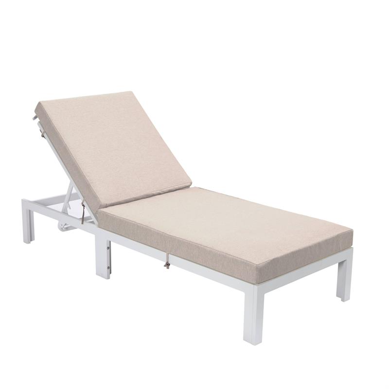 LeisureMod Chelsea Aluminum Outdoor Chaise Lounge Chair With Beige Cushion