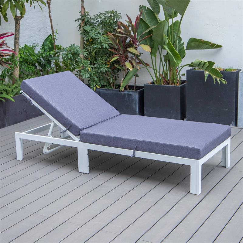 LeisureMod Chelsea Aluminum Outdoor Chaise Lounge Chair With Blue Cushion
