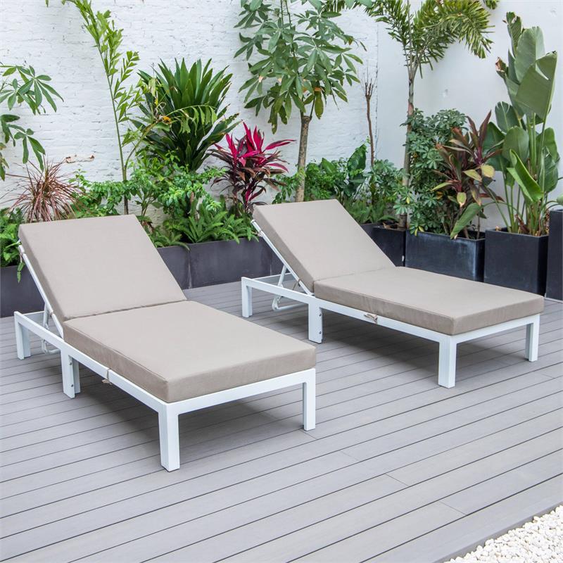 LeisureMod Chelsea Aluminum Outdoor Chaise Lounge Chair in Beige Set of 2