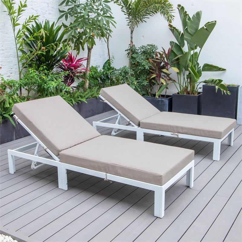 LeisureMod Chelsea Aluminum Outdoor Chaise Lounge Chair in Beige Set of 2