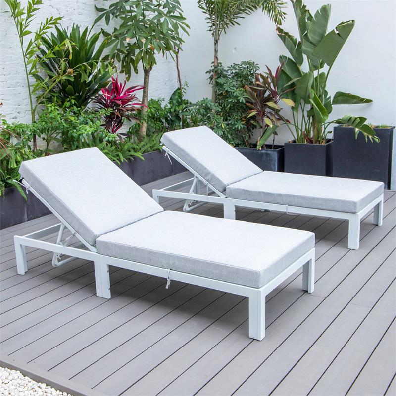 LeisureMod Chelsea Aluminum Outdoor Chaise Lounge Chair in Light Grey Set of 2