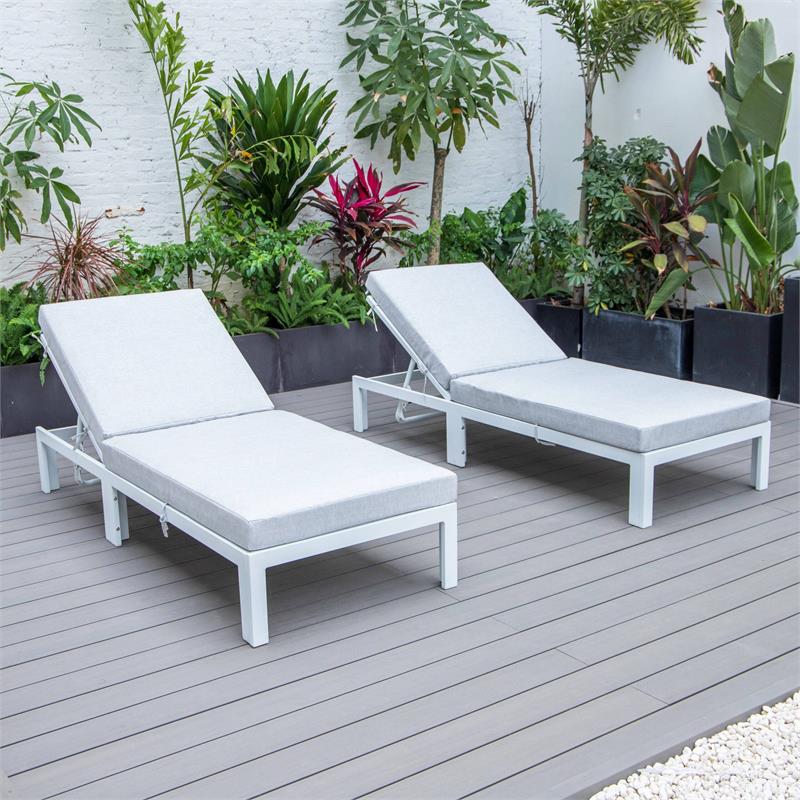 LeisureMod Chelsea Aluminum Outdoor Chaise Lounge Chair in Light Grey Set of 2