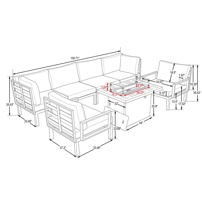 LeisureMod Hamilton 7-Peice Patio Conversation Set with Firepit Table in Gray