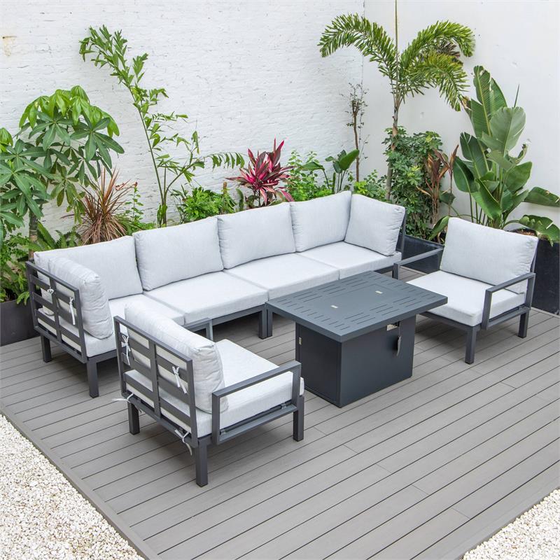 LeisureMod Hamilton 7-Peice Patio Conversation Set with Firepit Table in Gray