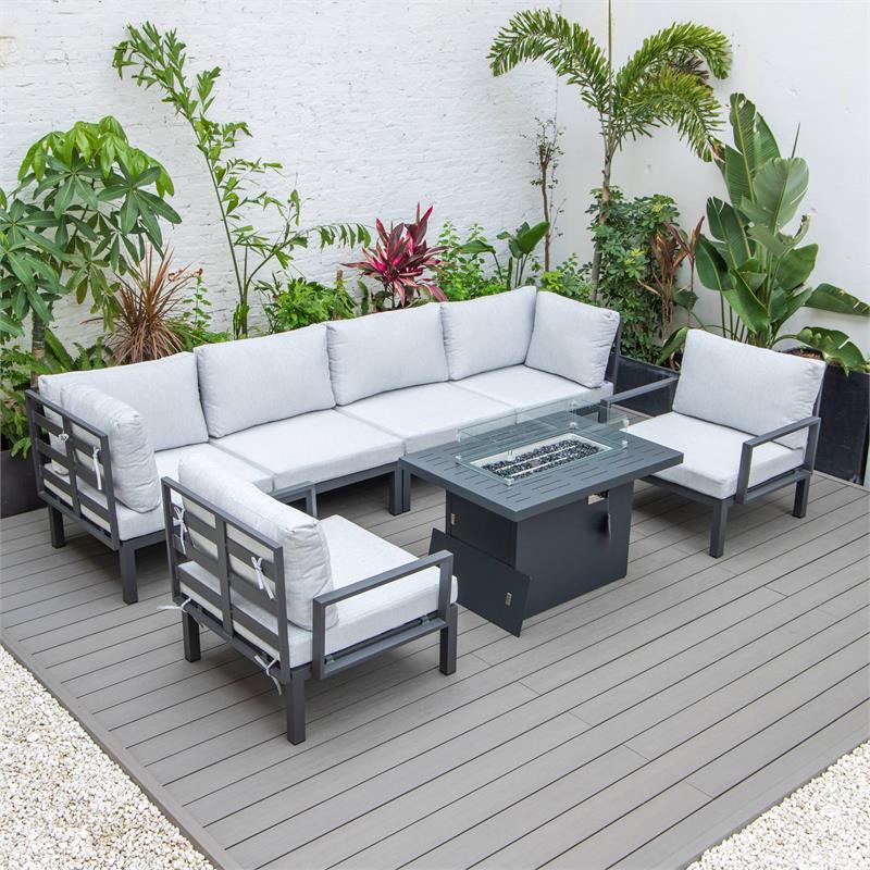 LeisureMod Hamilton 7-Peice Patio Conversation Set with Firepit Table in Gray