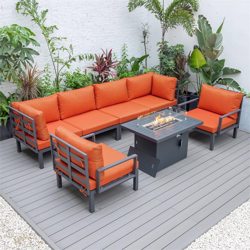 LeisureMod Hamilton 7-Peice Patio Conversation Set with Firepit Table in Orange