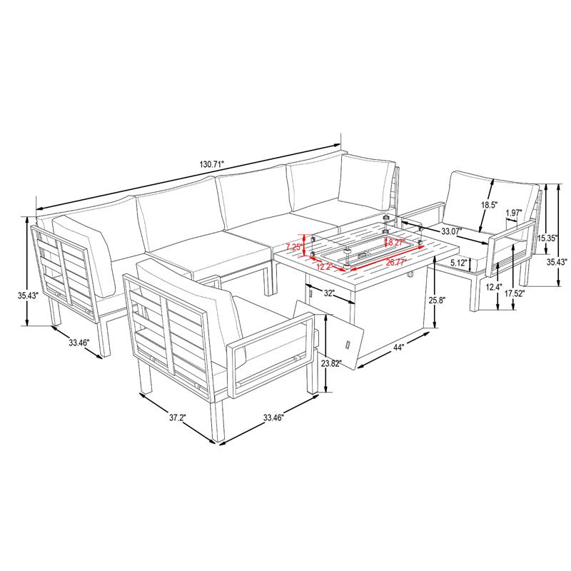 LeisureMod Hamilton 7-Peice Patio Conversation Set with Firepit Table in Orange