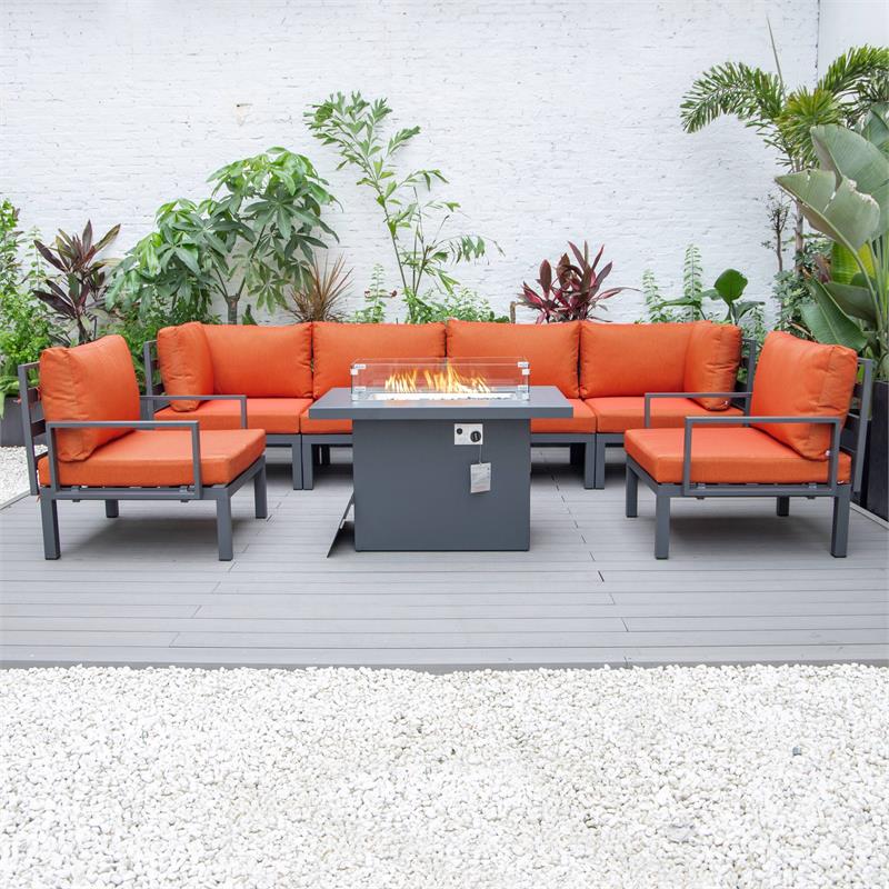 LeisureMod Hamilton 7-Peice Patio Conversation Set with Firepit Table in Orange
