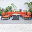 LeisureMod Hamilton 7-Peice Patio Conversation Set with Firepit Table in Orange