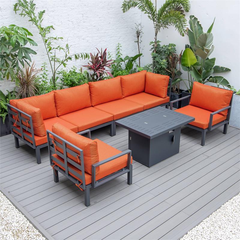 LeisureMod Hamilton 7-Peice Patio Conversation Set with Firepit Table in Orange