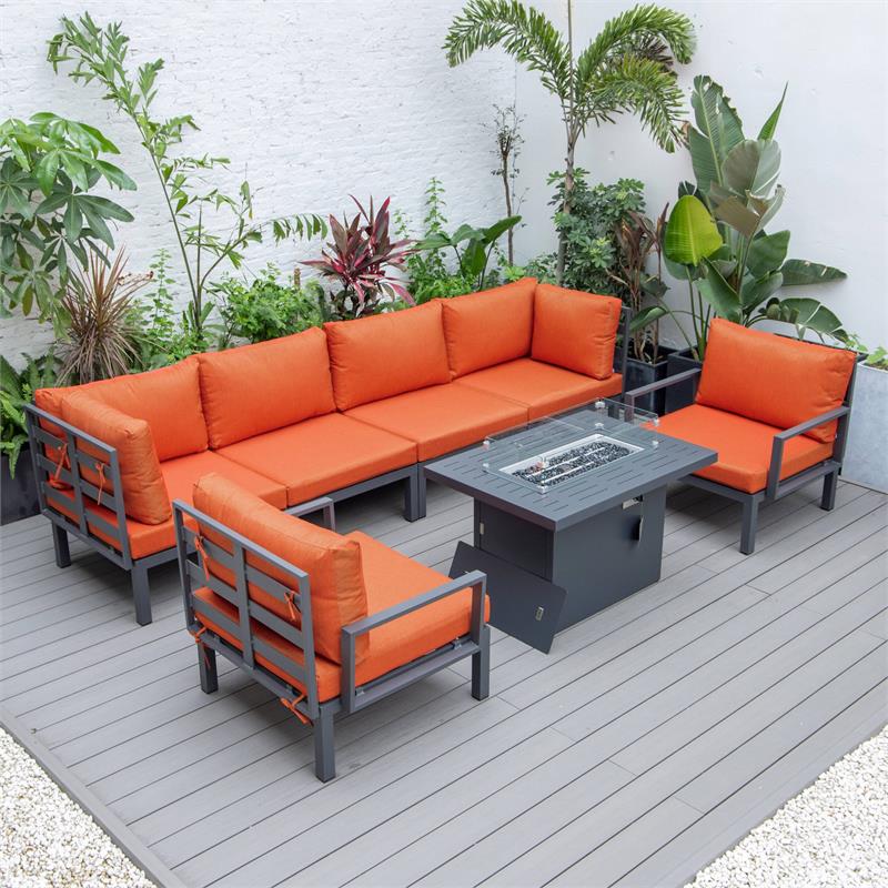 LeisureMod Hamilton 7-Peice Patio Conversation Set with Firepit Table in Orange
