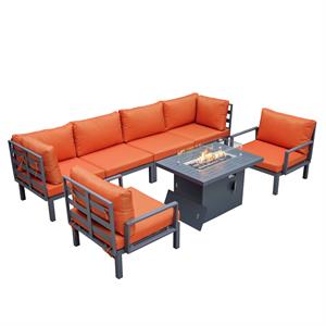 LeisureMod Hamilton 7-Peice Patio Conversation Set with Firepit Table in Orange