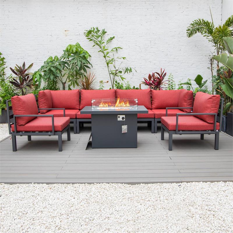 LeisureMod Hamilton 7-Peice Patio Conversation Set with Firepit Table in Red