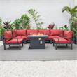 LeisureMod Hamilton 7-Peice Patio Conversation Set with Firepit Table in Red
