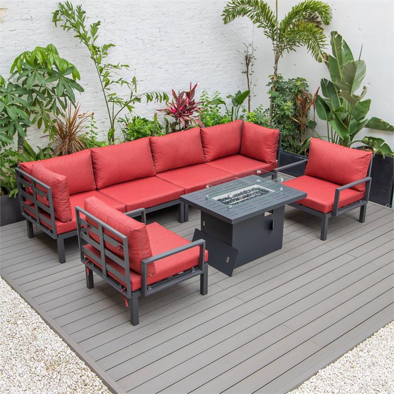 LeisureMod Hamilton 7-Peice Patio Conversation Set with Firepit Table in Red