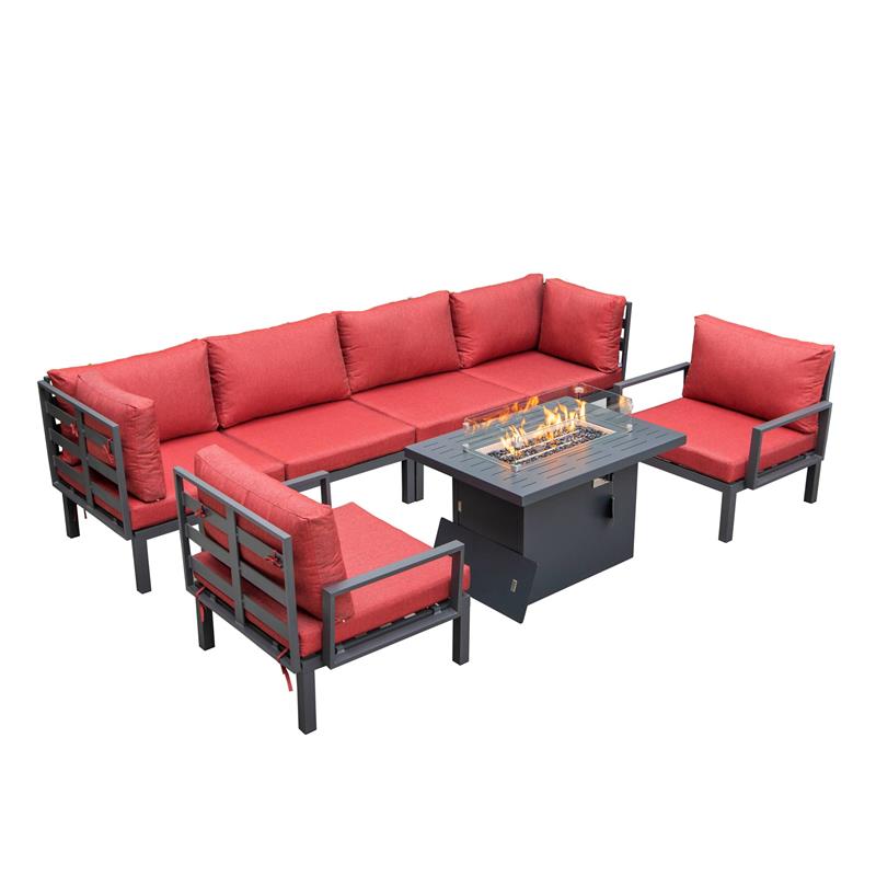 LeisureMod Hamilton 7-Peice Patio Conversation Set with Firepit Table in Red