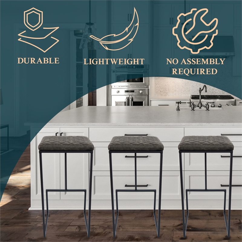 LeisureMod Quincy Quilted Stitched Leather Bar Stools in Gray