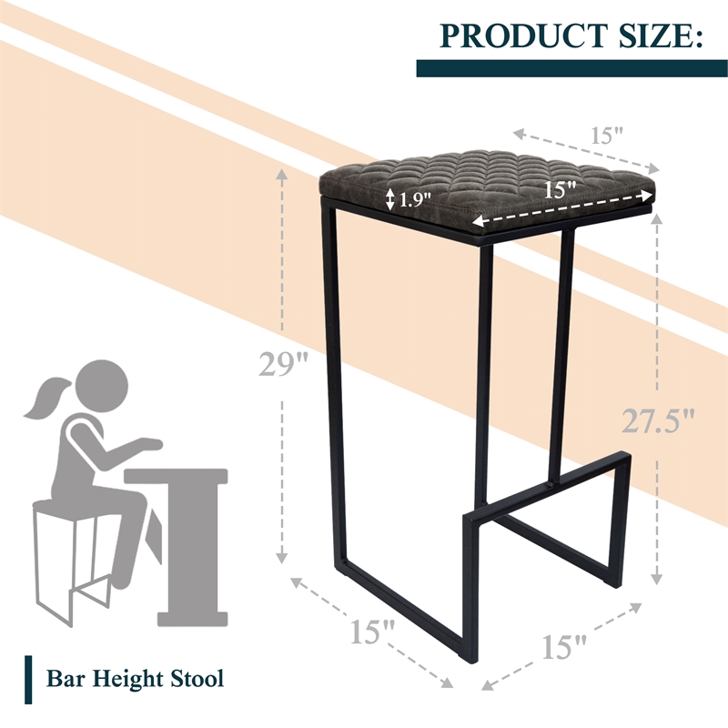 LeisureMod Quincy Quilted Stitched Leather Bar Stools Set of 2 in Gray